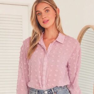 Lulus Sheer Romance Mauve Swiss Dot Long Sleeve Button-up Top Pink - Size M